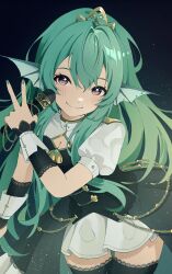 1girl absurdres aqua_hair aqua_nails breasts cleavage cleavage_cutout clothing_cutout commission cowboy_shot earrings finana_ryugu fins glitter hair_between_eyes head_fins highres holding holding_microphone idol_clothes jewelry looking_at_viewer microphone nijisanji nijisanji_en purple_eyes second-party_source smile solo tiara v yakira00