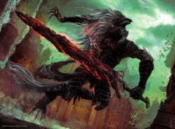 1boy armor black_armor breastplate claws cuisses elden_ring fangs gauntlets greaves helmet highres holding holding_sword holding_weapon long_hair maliketh_the_black_blade ninois open_mouth pauldrons shoulder_armor solo sword tail weapon werewolf white_hair wolf_tail