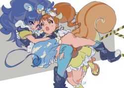 Rule 34 | 2girls, absurdres, animal ear fluff, animal ears, ankle socks, arisugawa himari, asymmetrical legwear, big hair, black boots, black gloves, black jacket, blue eyes, blue hair, blue skirt, blue theme, boots, brown eyes, brown hair, brown sandals, brown skirt, bubble skirt, carrying, caution tape, cherry earrings, clenched teeth, crown, cure custard, cure gelato, earrings, eyelashes, food, food-themed clothes, food-themed earrings, food-themed hair ornament, food print, food themed earrings, foot out of frame, frilled skirt, frilled socks, frills, fur-trimmed jacket, fur trim, gloves, gold crown, hair ornament, hairband, hand on another&#039;s back, hand on another&#039;s shoulder, high heel sandals, high side ponytail, highres, ice cream, ice cream cone, jacket, jewelry, kirakira precure a la mode, kneehighs, large tail, leg up, lion ears, lion girl, lion tail, long hair, magical girl, mini crown, miniskirt, multiple girls, open-toe boots, open mouth, paw socks, pleated skirt, pleated sleeves, precure, princess carry, pudding, ringlets, running, sandals, shipu (gassyumaron), shirt, short sleeves, signature, single sock, single thighhigh, skirt, socks, squirrel ears, squirrel girl, squirrel tail, sweatdrop, tail, tareme, tategami aoi, teeth, thighhighs, torn clothes, torn thighhighs, two-tone skirt, v-shaped eyebrows, wavy hair, white background, white gloves, white shirt, white skirt, yellow hairband, yellow skirt, yellow socks