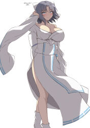 1girl absurdres arm_up bare_shoulders blue_eyes blush bow breasts chimunge cleavage collarbone grey_hair hair_bow highres japanese_clothes kimono large_breasts legs looking_at_viewer medium_hair off_shoulder senran_kagura signature simple_background smile socks standing thighs white_background white_kimono yumi_(senran_kagura)