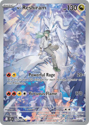 artist_name black_shoes blue_eyes blue_sclera bracelet card_(medium) character_name claws closed_mouth cloud cloudy_sky collared_shirt colored_sclera company_name copyright_name copyright_notice dragon english_text flying gen_5_pokemon green_eyes green_hair grey_pants hat jewelry legendary_pokemon long_hair n_(pokemon) nintendo official_art pants pokemon pokemon_(creature) pokemon_bw pokemon_card pokemon_tcg reshiram riding riding_pokemon shirt shoes sky sunlight third-party_source toujou_bun trading_card white_shirt