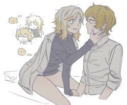 1boy 1girl baby_animal bird black_sweater blonde_hair blue_eyes chick coat coat_on_shoulders collared_shirt faust_(project_moon) highres lab_coat lapels limbus_company long_sleeves multicolored_hair n_corp._fanatic_(identity)_(project_moon) notched_lapels ohzv open_mouth project_moon ribbed_sweater shirt short_hair sinclair_(project_moon) smile streaked_hair sweater white_coat white_hair white_shirt wide-eyed yellow_eyes