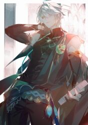1boy ahoge alhaitham_(genshin_impact) anno_meiji arm_behind_back black_gloves black_pants border cape commentary fingerless_gloves gem genshin_impact gloves green_cape green_eyes green_gemstone hair_between_eyes highres looking_at_viewer male_focus muscular muscular_male pants parted_lips partially_fingerless_gloves short_hair sidelocks solo white_border white_hair