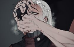 2boys asphyxiation black_hair boothill_(honkai:_star_rail) commentary covered_mouth covering_another&#039;s_mouth ear_piercing grey_background hair_behind_ear hand_on_another&#039;s_face hand_on_another&#039;s_head head_grab heavy_breathing honkai:_star_rail honkai_(series) male_focus multicolored_hair multiple_boys nervous_sweating out_of_frame piercing poorman_0629 rolling_eyes saliva saliva_on_hand simple_background solo_focus split-color_hair steam sweat symbol-only_commentary tears twitching two-tone_hair upper_body veins veiny_arms veiny_hands white_hair yaoi