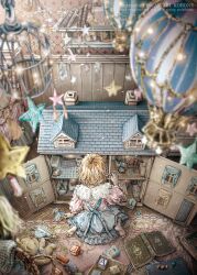 1girl barefoot blonde_hair book carpet commentary_request decorations doll doll_house highres indoors kobone_awaki original playing short_hair sitting skirt solo star_(symbol) stuffed_animal stuffed_toy teddy_bear wooden_floor