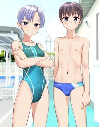 1boy 1girl absurdres age_difference androgynous aqua_one-piece_swimsuit black_hair blue_eyes blue_male_swimwear blue_sky breasts cloud commentary_request competition_swimsuit crossed_arms day grey_eyes grin highres male_swimwear multicolored_male_swimwear multicolored_swimsuit one-piece_swimsuit original outdoors purple_eyes short_hair sky small_breasts smile standing swim_briefs swimsuit takafumi variant_set
