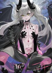 1girl black_panties black_wings body_markings breasts collarbone colored_extremities commentary crossed_bangs demon_girl demon_horns demon_wings earrings fadingz fate/grand_order fate_(series) grey_hair hair_between_eyes highres horns jewelry lilith_(fate) lilith_(second_ascension)_(fate) long_hair looking_at_viewer medium_breasts navel panties pixiv_id pointy_ears pubic_tattoo revision signature single_bare_shoulder solo tattoo twintails underwear very_long_hair wings yellow_eyes