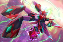 1boy alternate_color arm_cannon armor black_armor black_helmet blurry blurry_background eye_trail falcon_armor_x_(mega_man) forehead_jewel helmet highres kiwakiwa light_trail looking_at_viewer male_focus mechanical_wings mega_man_(series) mega_man_x_(series) midair solo weapon wings x_(mega_man) yellow_eyes