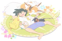 Rule 34 | 1boy, :3, = =, ash ketchum, barefoot, black hair, blue shorts, closed eyes, closed mouth, commentary request, gen 1 pokemon, gen 7 pokemon, litten, lycanroc, lycanroc (dusk), lying, nintendo, official alternate costume, on back, open mouth, pikachu, pirohi (pirohi214), pokemon, pokemon (anime), pokemon (creature), pokemon sm (anime), rowlet, rug, shirt, short hair, shorts, sleeping, smile, t-shirt, teeth, upper teeth only, white shirt