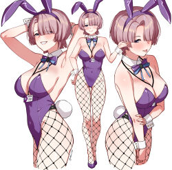 1girl absurdres animal_ears arimura_mao armpits arms_behind_head arms_up asymmetrical_bangs bare_shoulders blush bow bowtie breasts cleavage covered_navel deras detached_collar fake_animal_ears fake_tail fishnet_pantyhose fishnets gakuen_idolmaster grin hair_over_one_eye highleg highleg_leotard highres idolmaster large_breasts leotard looking_at_viewer multiple_views pantyhose pink_hair playboy_bunny purple_eyes purple_leotard rabbit_ears rabbit_tail short_hair smile tail thighs tongue tongue_out wrist_cuffs