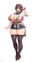 1girl amesuku_gyaru areola_slip black_choker black_thighhighs blue_bow blue_bowtie blue_skirt bow bowtie breasts brown_cardigan brown_hair cardigan choker cleavage clothes_around_waist collarbone collared_shirt colored_inner_hair curvy double-parted_bangs eyelashes full_body gigantic_breasts gyaru hair_intakes highres hime_cut holding holding_own_hair knees kogal large_areolae legs_together leopard_print_bikini loafers long_hair miniskirt mole mole_on_breast mole_under_mouth multicolored_hair nail_polish open_clothes open_shirt original panties panty_peek pearl_thong pink_eyes pink_hair plaid_clothes plaid_skirt pointy_ears school_uniform scrunchie see-through_clothes shirt shirt_tucked_in shoes skindentation skirt smile sweater sweater_around_waist thick_eyelashes thick_thighs thighhighs thighs tucking_hair two-tone_hair underwear variant_set white_background white_shirt wide_hips wrist_scrunchie xiangzi_box