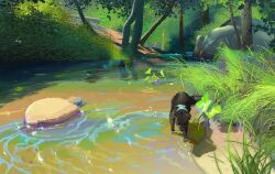 Rule 34 | angelasungart, bush, day, dog, flower, forest, highres, landscape, light particles, mangrove, nature, no humans, original, outdoors, painterly, pebble, reflection, reflective water, ripples, riverbank, rock, scenery, tree, wading, water