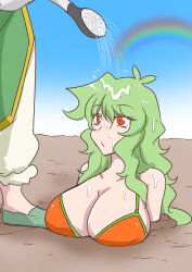 2girls absurdres bare_shoulders bikini blue_sky breasts burijittou cleavage day feet green_hair green_shoes highres hong_meiling huge_breasts kazami_yuuka long_hair multiple_girls orange_bikini partially_buried rainbow red_eyes shoes sky soil solo swimsuit touhou water watering_can