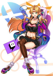 1girl animal_ear_headphones black_crop_top black_skirt blonde_hair breasts cat_ear_headphones chair circlet controller crop_top earrings female gamecube_controller gaming_chair green_eyes headphones holding holding_controller jacket jewelry large_breasts long_hair looking_at_viewer midriff navel necklace nez-box nintendo on_chair open_clothes open_jacket pearl_necklace princess_zelda shoes single_thighhigh skirt super_smash_bros. swivel_chair the_legend_of_zelda the_legend_of_zelda:_a_link_between_worlds thighhighs triforce triforce_earrings zelda_(a_link_between_worlds)