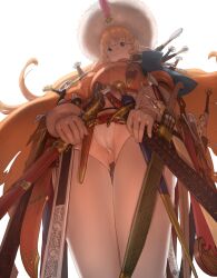 1girl :3 absurdres armor blonde_hair borrowed_character breastplate cameltoe elf from_below hat highres long_hair long_pointy_ears looking_at_viewer original panties pointy_ears sheath sheathed simple_background smile solo sword swordmaster_(murgoten) thigh_gap thighhighs too_many_weapons underwear very_long_hair wass_nonnam weapon white_background white_panties white_thighhighs