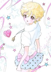 1girl blonde_hair blush commentary cowboy_shot earrings hair_between_eyes heart highres jewelry looking_back open_mouth pendant pointy_ears purple_eyes qazplm_10 short_hair skirt solo star_(symbol) sugar_sugar_rune turtleneck vanilla_mieux