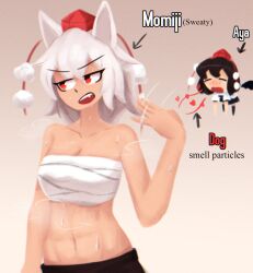 Rule 34 | 2girls, abs, animal ear fluff, animal ears, bare shoulders, black hair, black skirt, black wings, blush, breasts, chest sarashi, cleavage, closed eyes, collarbone, english text, fang, floating, gradient background, hat, heart, highres, hot, inubashiri momiji, lad der, medium breasts, midriff, multiple girls, open mouth, pom pom (clothes), red eyes, red hat, sarashi, shameimaru aya, short hair, skirt, smell, smelling, steaming body, sweat, tokin hat, touhou, white hair, wings, wolf ears, wolf girl