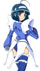 Rule 34 | 1girl, absurdres, ahoge, ass, blue gloves, blue hair, blue leotard, blue thighhighs, blunt bangs, blush, breasts, choker, clenched hand, commentary, cowboy shot, frilled thighhighs, frills, from behind, gloves, hairband, hand up, highres, kaitou tenshi twin angel, kannazuki aoi, large breasts, legs together, leotard, long sleeves, looking at viewer, looking back, macla, magical girl, parted lips, puffy long sleeves, puffy sleeves, purple eyes, short hair, shoulder pads, simple background, smile, solo, standing, tareme, thighhighs, thighs, twin angel, white background, white hairband