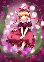 Rule 34 | 1girl, back bow, black shirt, blonde hair, blue eyes, bow, bowtie, collar, commentary request, doll, evil smile, fairy wings, flower, frilled collar, frills, full body, hair ribbon, highres, light particles, lily of the valley, looking at viewer, mary janes, medicine melancholy, medium hair, mito tsubaki, open mouth, purple background, red bow, red bowtie, red ribbon, red shoes, red skirt, ribbon, shirt, shoes, skirt, smile, socks, solo, su-san, touhou, white bow, white collar, white socks, wings