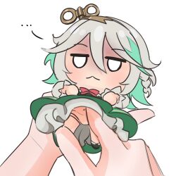 ... 1other arrivedcold cecilia_immergreen cecilia_immergreen_(1st_costume) closed_mouth doll green_hair green_skirt grey_hair highres holding holding_doll hololive hololive_english multicolored_hair navel simple_background skirt two-tone_hair virtual_youtuber white_background winding_key