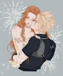 1boy 1girl aerith_gainsborough aerith_gainsborough_(citric_dress) arm_around_waist armlet armor bare_shoulders black_sailor_collar black_shirt blonde_hair blush breasts brown_hair choker closed_eyes cloud_strife cloud_strife_(maritime_sailor) couple cropped_torso dress final_fantasy final_fantasy_vii final_fantasy_vii_ever_crisis fireworks food_print fruit_print green_ribbon grey_background hair_between_eyes hair_ribbon half_updo hand_on_another&#039;s_shoulder hetero jewelry kiss kissing_cheek long_hair medium_breasts official_alternate_costume orange_print parted_bangs print_dress ribbon sailor_collar shanlieart shirt short_hair short_sleeves sidelocks smile spiked_hair strapless strapless_dress upper_body wavy_hair