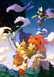 1girl 2boys amy_rose blue_eyes bluekomadori carrying closed_mouth cloud eyelashes furry furry_female furry_male hairband highres metal_sonic multiple_boys outdoors pine_tree princess_carry red_eyes red_hairband red_shoes shoes sonic_(series) sonic_cd sonic_the_hedgehog sonic_the_hedgehog_(classic) star_(sky) tower tree