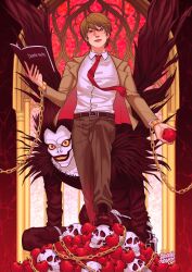 2boys apple artist_name belt bloominflowers book brown_belt brown_hair brown_jacket brown_pants brown_shoes chain collared_shirt death_note death_note_(object) food fruit gold_chain highres holding holding_book jacket multiple_boys necktie open_clothes open_jacket pants red_necktie ryuk shinigami shirt shoes short_hair skull white_shirt yagami_light