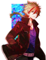 1boy absurdres belt blonde_hair blue_shirt braid brown_jacket d66ch fate/strange_fake fate_(series) hand_in_pocket highres jacket looking_at_viewer male_focus multicolored_hair red_eyes richard_i_(fate) shirt white_background white_belt