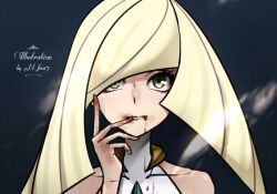 1girl artist_name blonde_hair blood blood_on_clothes blood_on_face collarbone echizen_(n_fns17) facing_viewer green_eyes jewelry long_hair looking_down lusamine_(pokemon) nintendo pokemon pokemon_sm portrait sleeveless solo swept_bangs