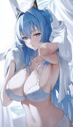 Rule 34 | 1girl, absurdres, alternate costume, blue eyes, blue hair, bra, breasts, collarbone, commentary, goddess of victory: nikke, helm (nikke), highres, lace, lace-trimmed bra, lace-trimmed panties, lace trim, large breasts, lingerie, long hair, midriff, moda (mo da 3), navel, panties, sideboob, solo, stomach, towel, underwear, wet, white bra, white panties