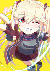 1girl ahoge artist_name azur_lane blonde_hair bluecher_(azur_lane) boots breasts echo_(artist) eyelashes fingerless_gloves gloves hair_between_eyes hair_over_eyes heart heart_in_eye large_breasts long_hair looking_at_viewer one_eye_closed red_eyes scarf skirt smile sparkle symbol_in_eye teeth thighhighs twintails very_long_hair watermark wink yellow_background zettai_ryouiki