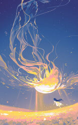1girl artist_name barefoot black_hair blue_sky bubble cloud dress field flower flower_field highres huhv. jellyfish long_hair ocean original outdoors scenery sky solo star_(sky) starry_sky white_dress
