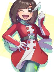 1girl ;d belt black_eyes black_hair blush cowboy_shot dress gloves hair_ornament highres long_sleeves looking_at_viewer nintendo official_alternate_costume one_eye_closed open_mouth pitorigoto pokemon pokemon_masters_ex scarf selene_(pokemon) selene_(special_costume)_(pokemon) smile solo twitter_username