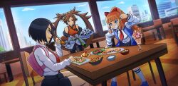 3girls bare_shoulders black_hair blue_eyes bow breasts brown_hair building chair eating food guilty_gear ice_cream jacket kunio-kun_series kuradoberi_jam kyoko_(kunio-kun) long_hair long_sleeves medium_breasts misako_(kunio-kun) multiple_girls necktie onigiri orange_hair ponytail red_bow rice river_city_girls school_uniform shoes short_hair shorts socks stickiezblue sushi table twintails window