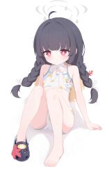 1girl absurdres ahoge arm_support barefoot bikini black_footwear black_hair blue_archive blush braid closed_mouth commentary coral crocs feet female_focus flat_chest full_body grey_halo halo highres knees_up leaf_print leaning_back legs loli long_hair miyu_(blue_archive) miyu_(swimsuit)_(blue_archive) official_alternate_costume print_bikini red_eyes rokukarashi simple_background single_bare_foot sitting solo starfish swimsuit toes twin_braids white_background white_bikini