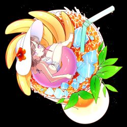 1girl alternate_costume apple apple_slice bad_id bad_twitter_id bare_arms bare_legs bare_shoulders barefoot bikini black_background blunt_bangs brown_hair commentary_request cup danganronpa_(series) danganronpa_2:_goodbye_despair dot_nose drinking_glass drinking_straw feet food frilled_bikini frills from_above fruit full_body hat highres ice ice_cube in_container in_cup knees korean_commentary leaf light_particles looking_at_viewer looking_back medium_hair mouth_hold nanami_chiaki on_innertube oversized_food oversized_object parted_lips pink_eyes pink_innertube ribbon simple_background sitting solo ssr_eun19 stomach sun_hat swimsuit toes waist_ribbon white_bikini white_hat white_ribbon wide_brim