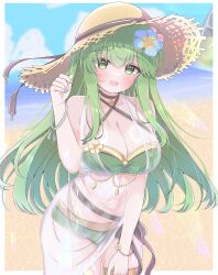 1girl asage_(asgsn) bare_shoulders beach bikini blush breasts cleavage criss-cross_halter fire_emblem fire_emblem_echoes:_shadows_of_valentia fire_emblem_heroes flower green_bikini green_eyes green_hair green_nails hair_flower hair_ornament halterneck hat highres jewelry large_breasts long_hair medium_breasts nail_polish navel nintendo official_alternate_costume open_mouth palla_(fire_emblem) palla_(summer)_(fire_emblem) sarong see-through_clothes see-through_sarong smile solo stomach straw_hat sun_hat swimsuit thighlet water