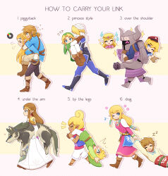 &gt;_&lt; +++ 5boys 6+girls :t ;) ;d ? ?? ^^^ ^_^ absurdres armor blonde_hair blunt_bangs boots brown_boots brown_gloves brown_hair carrying carrying_over_shoulder carrying_under_arm champion&#039;s_tunic_(zelda) closed_eyes closed_mouth commentary dark-skinned_female dark_skin dragging dress drooling earrings english_commentary english_text enni flying_sweatdrops from_side gameplay_mechanics gloves green_hat green_tunic happy hat heavy highres jewelry link long_dress long_hair long_sleeves mouth_drool multiple_boys multiple_girls multiple_persona musical_note nintendo notice_lines one_eye_closed open_mouth pantyhose phantom_(zelda) piggyback pink_dress pointy_ears princess_carry princess_zelda red_hat scarf sheik shirt sidelocks sleeping smile sparkle speech_bubble struggling sweat tetra the_legend_of_zelda the_legend_of_zelda:_breath_of_the_wild the_legend_of_zelda:_ocarina_of_time the_legend_of_zelda:_skyward_sword the_legend_of_zelda:_spirit_tracks the_legend_of_zelda:_the_wind_waker the_legend_of_zelda:_twilight_princess tiara toon_link toon_zelda trembling tunic walking white_shirt wolf wolf_link young_link zzz