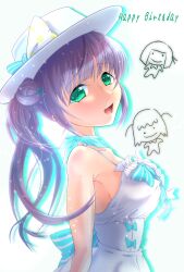 ._. 1girl :d arm_at_side back_bow backless_dress backless_outfit blue_bow blue_neckerchief boater_hat bow breast_suppress commentary doodle_inset dress from_side gloves green_eyes hair_bun hashtag-only_commentary hat hat_bow highres hinoshita_kaho light_particles link!_like!_love_live! long_hair looking_at_viewer looking_to_the_side love_live! momose_ginko neckerchief nonda open_mouth otomune_kozue penguin_ice_(love_live!) purple_hair side_ponytail sidelocks simple_background single_side_bun sleeveless sleeveless_dress smile solo spaghetti_strap striped_bow teeth upper_body upper_teeth_only virtual_youtuber white_background white_dress white_gloves white_hat