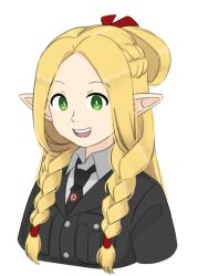 1girl :d black_cat03 black_jacket black_necktie blonde_hair braid collar_tabs dungeon_meshi elf green_eyes hair_ribbon jacket long_hair looking_at_viewer marcille_donato military_dress_uniform military_jacket military_uniform nazi nazi_party_pin necktie open_mouth pointy_ears red_ribbon ribbon simple_background smile solo ss_uniform swastika teeth twin_braids upper_teeth_only waffen-ss white_background