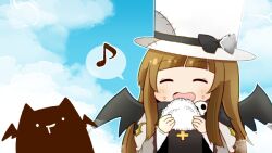 1girl arch_bishop_(ragnarok_online) black_bow black_dress blue_sky bow closed_eyes cloud commentary_request creature cross day demon deviruchi dress eating food food_on_face hat hat_bow long_hair musical_note onigiri open_mouth outdoors pochiko_(poteko) ragnarok_online rice rice_on_face sky smile solo spoken_musical_note two-tone_dress upper_body white_hat