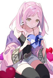 1girl alternate_hair_color belt black_camisole black_thighhighs braid brown_belt camisole candy chocolate chocolate_heart closed_mouth female_robin_(fire_emblem) fire_emblem fire_emblem_awakening food heart heart-shaped_food holding holding_chocolate holding_food long_hair menoko nintendo open_clothes open_robe pink_hair pink_robe robe shorts smile solo thighhighs thighs twintails white_shorts yellow_eyes