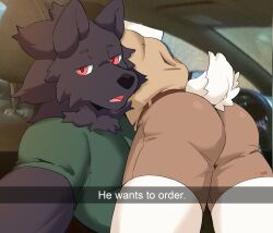 2boys absurdres animal_ears ass brown_shirt brown_shorts car commentary derivative_work english_commentary furry furry_male green_shirt he_wants_to_order_(meme) highres i_think_i_like_you leon_(itily) looking_at_viewer male_focus may0nnaixe meme motor_vehicle multiple_boys open_mouth rabbit_boy rabbit_tail red_eyes selfie shirt shorts sky_(itily) tail wolf_boy wolf_ears