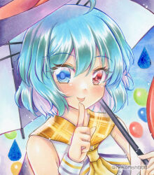 1girl alternate_costume balloon blue_eyes blue_hair blush commentary_request heterochromia holding holding_umbrella index_finger_raised looking_at_viewer marker_(medium) nekofish666 red_eyes short_hair solo tatara_kogasa tatara_kogasa_(sunshine-praying_umbrella) touhou touhou_lostword traditional_media twitter_username two-tone_umbrella umbrella upper_body