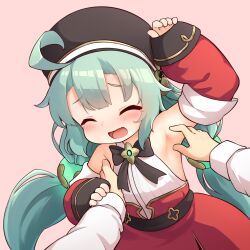 1girl 1other absurdres ahoge aqua_hair arm_up armpits azur_lane bare_shoulders beret black_bow black_bowtie black_hat blush bow bowtie closed_eyes commentary_request detached_sleeves dress_shirt facing_viewer flat_chest furrowed_brow glowworm_(azur_lane) glowworm_(retrofit)_(azur_lane) hat high-waist_skirt highres long_hair low_twintails open_mouth pink_background pov pov_hands red_skirt red_sleeves shirt shoboimu skirt sleeveless sleeveless_shirt sleeves_past_wrists smile solo_focus tearing_up tickling tickling_armpits twintails very_long_hair white_shirt