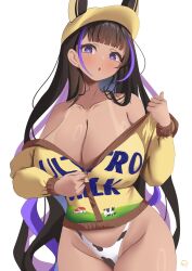 1girl absurdres animal_ears animal_print azur_lane bikini bikini_bottom_only blush breasts brown_hair cleavage cleopatra_(azur_lane) commentary cow_print cow_print_bikini dark-skinned_female dark_skin english_commentary highres holding jackal_ears jacket large_breasts long_hair looking_at_viewer multicolored_hair partially_unzipped print_bikini purple_eyes purple_hair riflech simple_background solo swimsuit symbol-shaped_pupils tan tanline white_background yellow_jacket