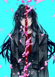 Rule 34 | 1boy, absurdres, aqua background, aqua eyes, bisected, black hair, black jacket, black vest, collared shirt, grey eyes, grey shirt, half updo, heterochromia, highres, hong lu (project moon), jacket, limbus company, long hair, looking at viewer, male focus, necktie, project moon, qiujia, red necktie, shirt, solo, upper body, vest