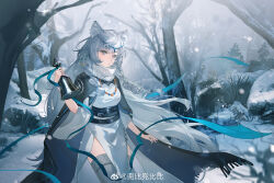1girl absurdres animal_ear_fluff animal_ears arknights bare_tree beads bell belt black_cape braid cape ceobe_(arknights) cowboy_shot dress forest grey_eyes grey_hair grey_thighhighs highres holding jewelry leopard_ears leopard_tail long_hair looking_at_viewer nature necklace outdoors pelvic_curtain pramanix_(arknights) snow snowing solo tail thighhighs tree turtleneck turtleneck_dress twin_braids very_long_hair white_dress yuanyi163