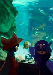 1girl 1other :d ^_^ absurdres alula_(oneshot) androgynous animal_hat aquarium beak bird_girl blue_hair blue_scarf brown_hat cat_hat closed_eyes colored_sclera commentary english_commentary feathers fish hat highres long_hair long_sleeves niko_(oneshot) oneshot_(game) open_mouth pointing purple_hair rock scarf shadches72 shark short_hair sleeves_past_wrists smile tunic water yellow_eyes yellow_sclera