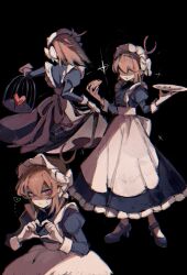 1other 2025 :t alternate_costume annoyed antenna_hair apron artist_name back_bow black_background black_dress black_shoes bob_cut bow brown_hair cage chromatic_aberration closed_mouth commentary_request cropped_torso deltarune double-parted_bangs dress eating enmaided film_grain food full_body hair_between_eyes headdress heart heart_hands high_heels highres holding holding_cage holding_food holding_plate inverted_bob juliet_sleeves kris_(deltarune) long_dress long_sleeves looking_at_viewer maid maid_apron maid_headdress noppo_(nopon) other_focus petticoat pink_eyes plate puffy_sleeves shaded_face shoes short_hair simple_background soul_(deltarune) sparkle standing sweatdrop upper_body waist_apron white_apron white_bow white_headdress white_sleeve_cuffs
